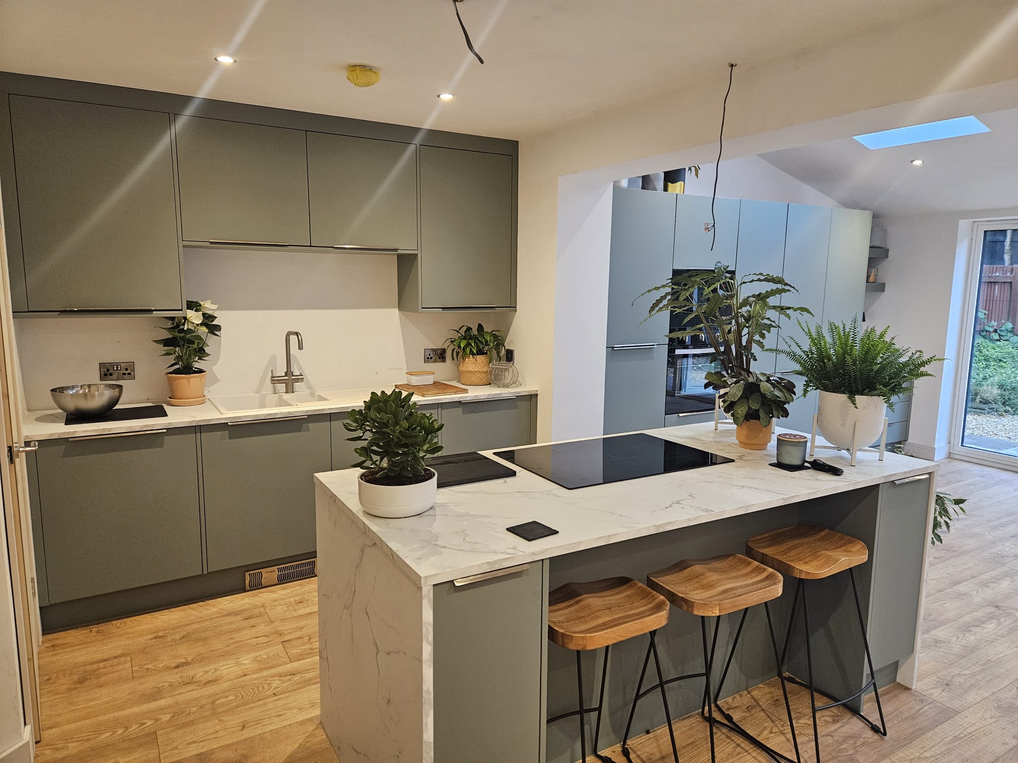 Sage Green Kitchen with Marble Island